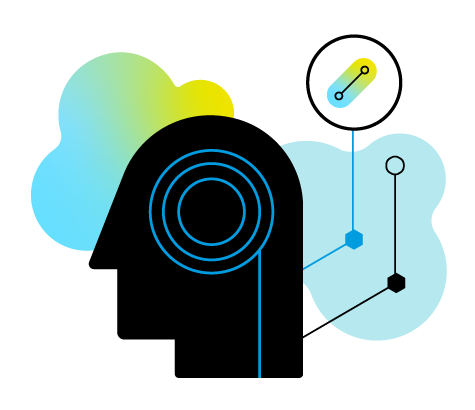 Jameel Clinic graphic illustration of head silhouette in front of clouds linked to a pill