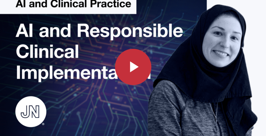 Screenshot of a video with a title that reads "AI and Responsible Clinical Implementation"